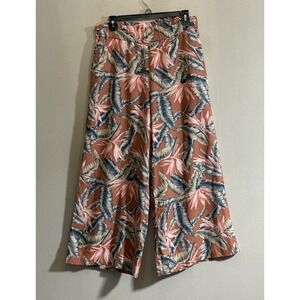 Loft Wide Leg Linen Pants Med Pull On Elastic Waist Tropical Flowy Resort